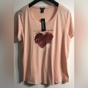 Delusional Women’s Top In A World Full Of Hate Be kind heart graphic pink.2X